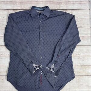 Robert Graham Mens Navy Blue Geometric Stripe Button Down Shirt Contrast Cuffs L